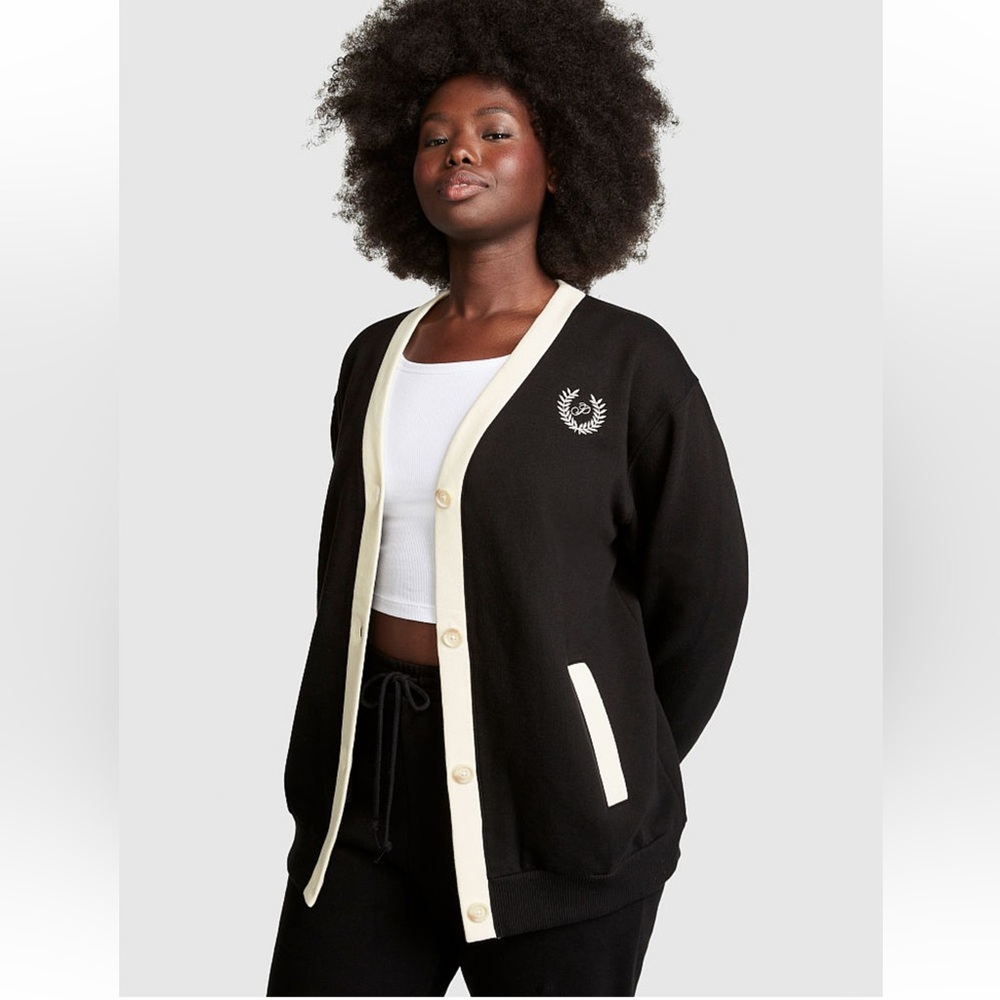 ✨ Victoria’s Secret PINK Premium Fleece Boyfriend Cardigan L Black Cream ✨